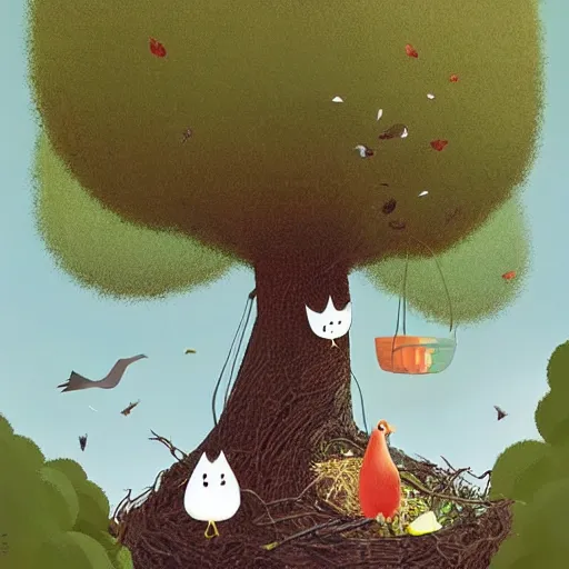 Image similar to A tree with a large bird's nest, on the lawn there are fruits and the birds try to bring food to their nest. ilustration art by Goro Fujita