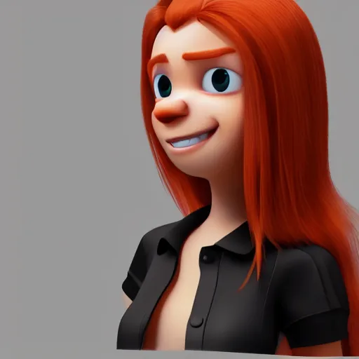 Prompt: a redhead girl wearing a black shirt, 3 d model, pixar style, octane render, trending on artstation, high definition