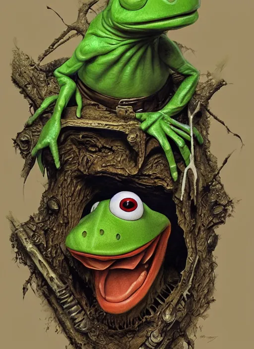 Image similar to portrait of Kermit the frog in Evil Dead (2013), highly detailed, centered, solid color background, digital painting, artstation, concept art, smooth, sharp focus, illustration, artgerm, donato giancola, Joseph Christian Leyendecker, Les Edwards, Ed Repka, WLOP