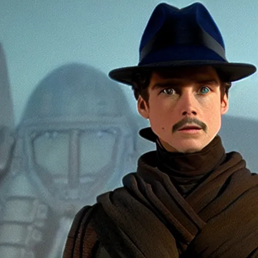 Image similar to Paul Atreides wearing a fedora,