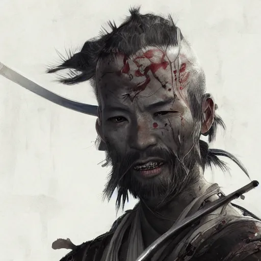 Image similar to Sickly diseased dying Samurai warrior, portrait by Cedric Peyravernay, highly detailed, excellent composition, cinematic concept art, dramatic lighting, trending on ArtStation