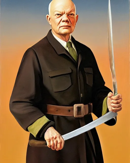 Image similar to a painting of a dwight eisenhower holding a sword, a character portrait by quirizio di giovanni da murano, reddit, antipodeans, ilya kuvshinov, official art, tarot card