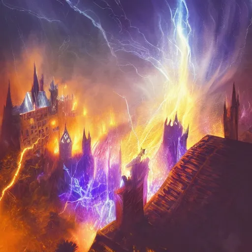 Prompt: A photo of a million sorcerers holding torches attacking magic castle under siege, fire from sky, blue lightnings, dramatic purple thunders, golden meteors, war, dramatic shadows, powerful photo, magic, dramatic lighting, intricate, wild, highly detailed, digital painting, artstation, concept art, smooth, sharp focus, illustration, art by artgerm and greg rutkowski and alphonse mucha, footage