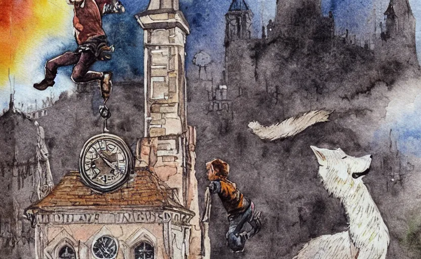 Prompt: a boy fighting a wolf on the edge of a clocktower, by taylor barron, watercolor, print