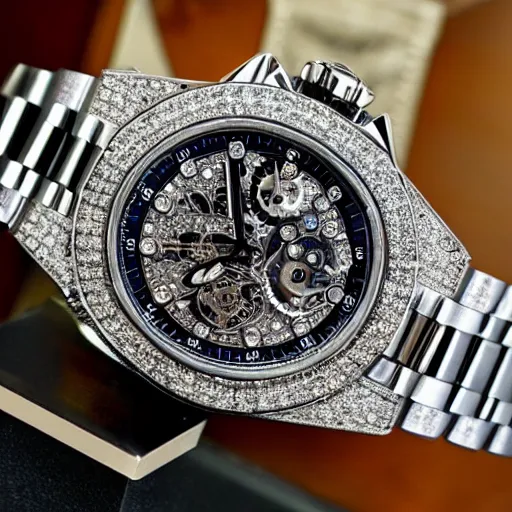 Image similar to vvs diamond watch, intricate design, rolex, cogs and gears, steampunk watch, bejeweled beautiful watch, richard mille, breitling watch