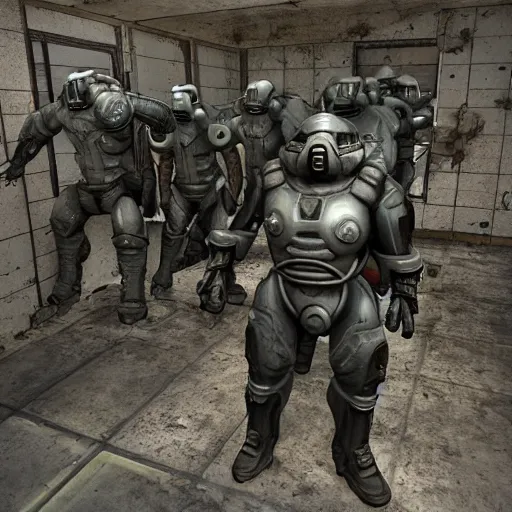 Image similar to fallout enclave fighter in power armor with a minigun in his hands shoots a crowd of zombies in the corridor of the bunker, camera view isometric, post - apocalypse, 3 d prerender, realism