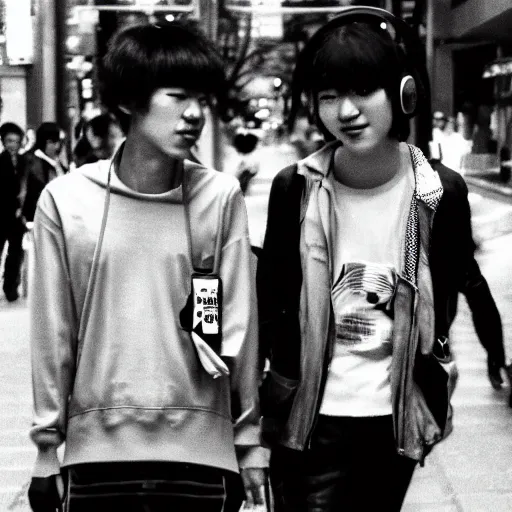 Prompt: Japanese teenagers male and female, street photography in the 80s, economic boom, punks, highly realistic, photography, photorealistic, Tokyo, fashion, wearing Sony Walkman and headphones