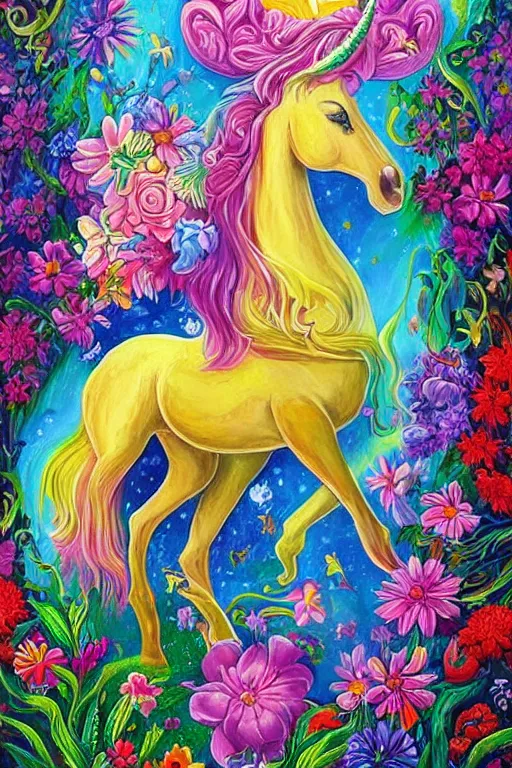 Prompt: a high detailed painting of 🦄🌺🌻💐 magic realism