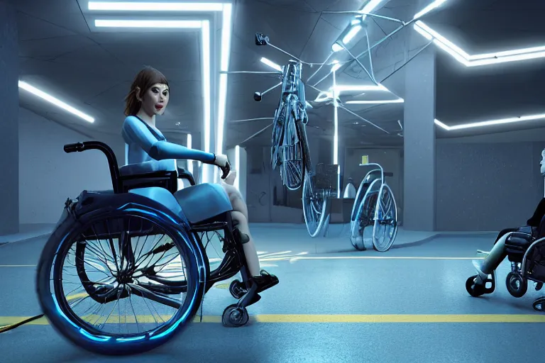 Prompt: ultra realistic details, hyper real, unreal engine 5, octane render, human on a wheelchair, blue neon two wheels, beautiful lighting, post processing