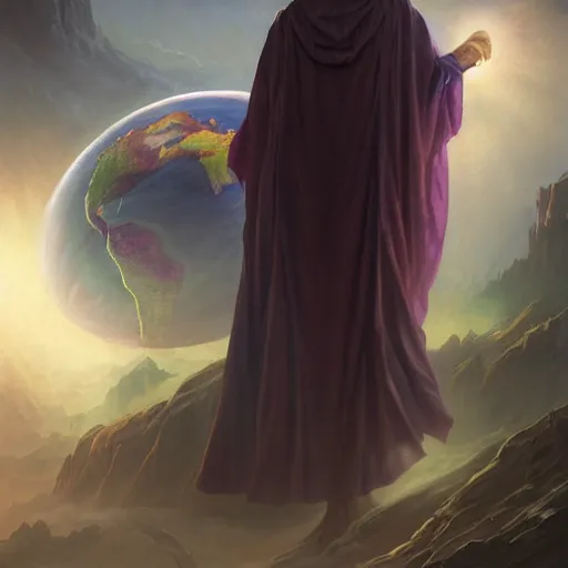 Image similar to creator of worlds wearing a cloak, masked, and holding a holographic planet projection in his hand, detailed, sci - fi, digital painting, artstation, sharp focus, illustration, ominous, artgerm, tomasz alen kopera, peter mohrbacher, donato giancola, joseph christian leyendecker, wlop, frank frazetta