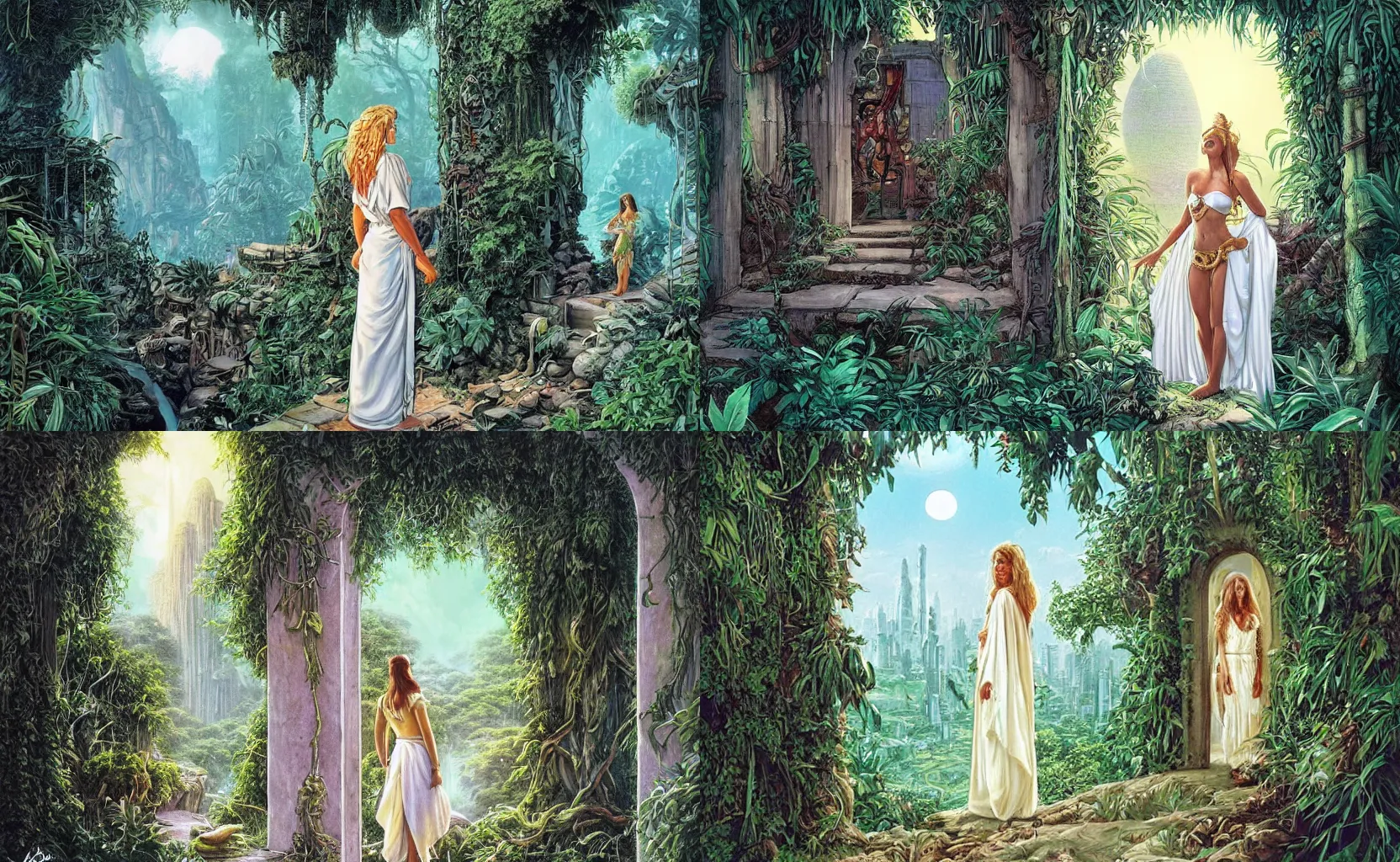 Prompt: A beautiful jungle princess wearing white robes stands in a doorway looking out over a fantastical city, by keith parkinson and michael whelan