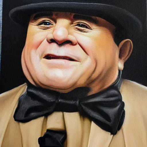 Prompt: mysterious oil painting of Danny Devito wearing a raincoat and top hat, hyperrealistic, closeup —width 1024 —height 1024 —steps 150