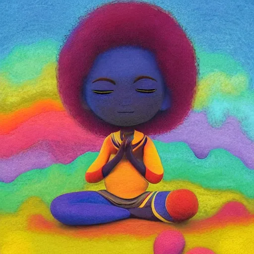 Image similar to a black girl with a colorful afro and big colorful eyes meditating in an african zen garden at sunset, bright colours, bokeh!!, watercolor, volumetric wool felting, macro photography, children illustration, by goro fujita