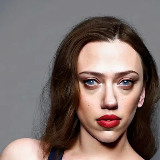 Image similar to a woman who is a genetic combination of kat dennings and scarlett johansson face and upper - body focus