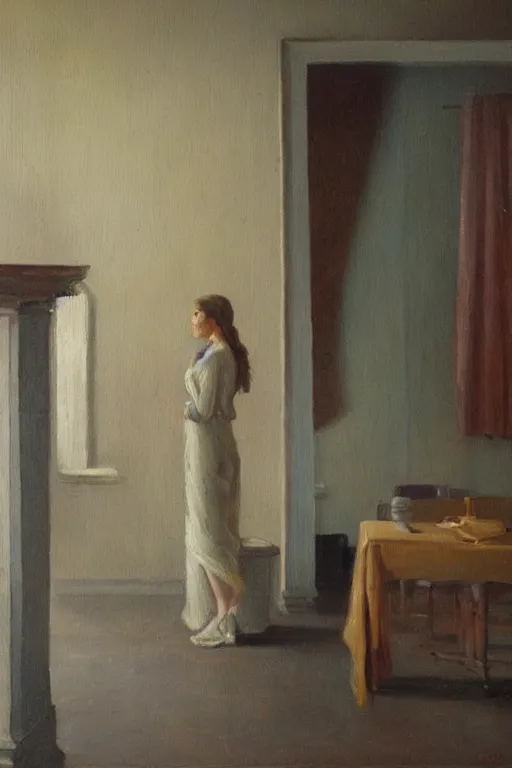 Image similar to oil painting, long view, hight detailed, woman sits in corner of empty room and look in the corner, back view, in style of neodada