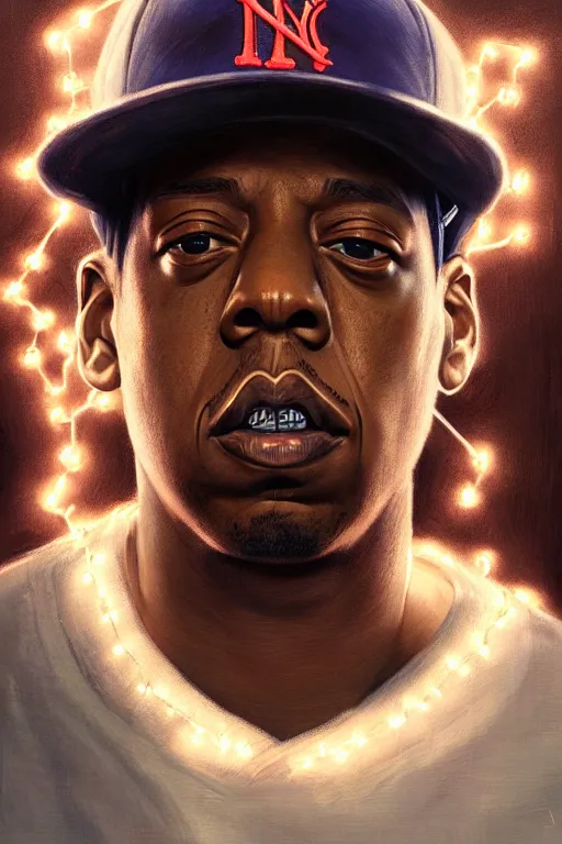 Image similar to portrait of jay - z with ny baseball hat, staring directly into camera, intricate, elegant, glowing lights, highly detailed, digital painting, artstation, sharp focus, illustration, art by wlop, mars ravelo and greg rutkowski