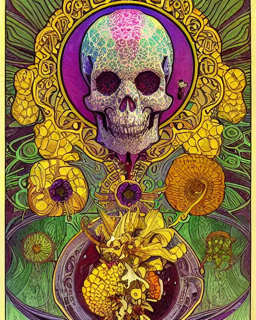 Prompt: Carved alien skull art surrounded by varities of corn, cell shading, voronoi, fibonacci sequence, sacred geometry by Alphonse Mucha, Moebius, hiroshi yoshida, Art Nouveau, colorful, ultradetailed, vivid colour, 3d