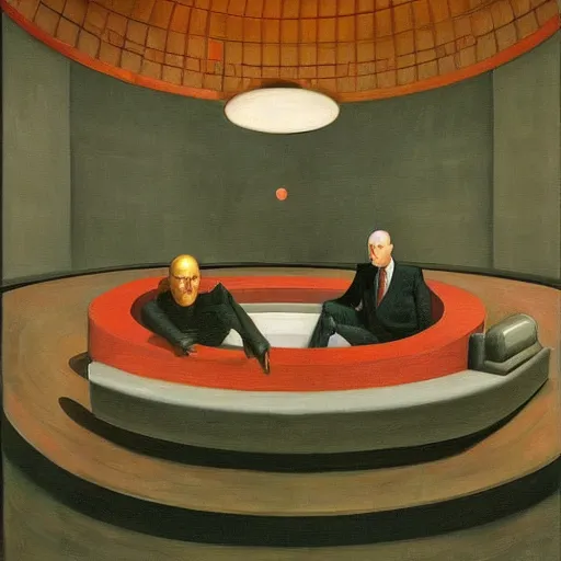 Image similar to portrait of an evil mastermind inside a dome - shaped control center, evil lair, grant wood, pj crook, edward hopper, oil on canvas