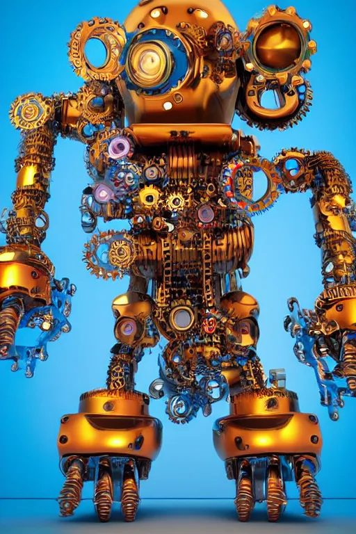 Image similar to photo of a giant huge golden and blue metal steampunk robothead covered with multicolored tubes and gears, eyes are glowing red lightbulbs, arms are made of guitars, shiny crisp finish, 3 d render, 8 k, insaneley detailed, fluorescent colors, background is multicolored lasershow