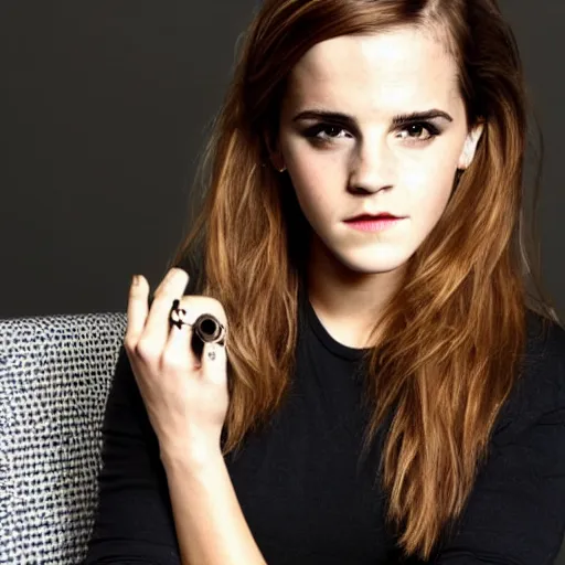 Prompt: A photo of tough looking emma watson. she has rings on his fingers. 50 mm.