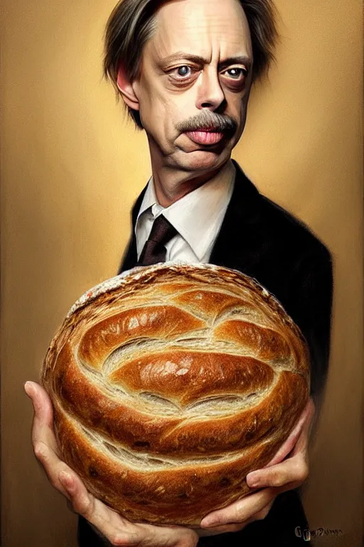 Image similar to beautiful portrait half steve buscemi wearing sourdough bread, by greg rutkowski