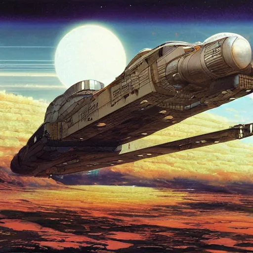 Image similar to scout spaceship with 100-ton hull used for exploration survey and courier duties, peter elson, chris foss, john berkey, tony roberts, jim burns, don davis