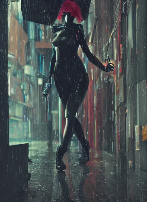 Prompt: cyberpunk woman with a mechanical arm, raining, in an alley, by WLOP and webang111, trending on artstation