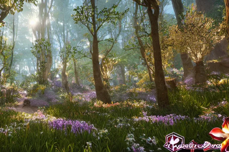 Image similar to crystal forest with gilded trees and jeweled flowers by unreal engine, photorealistic