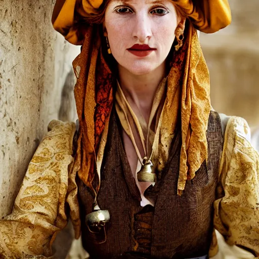 Prompt: Beautiful 18th Century Barbary Coast pirate female models with Ginger hair and Golden hooped earrings photography by Steve McCurry