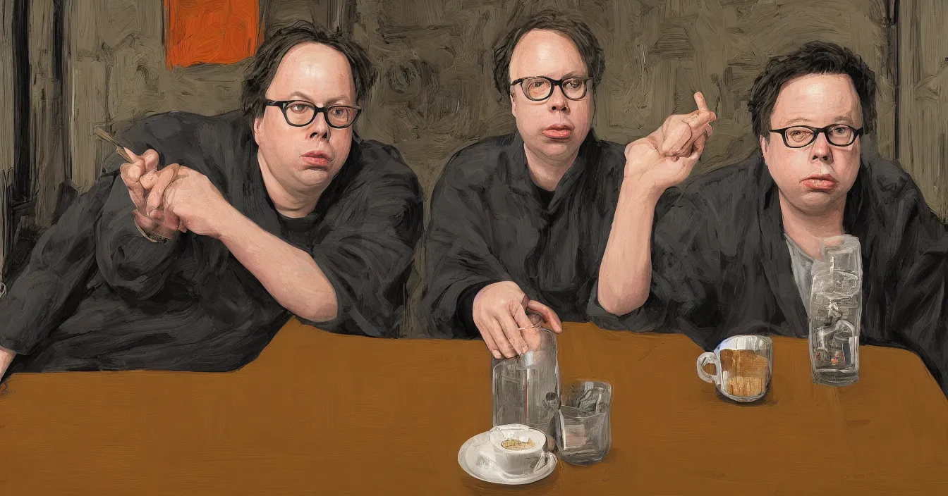 Image similar to todd solondz and bill hics, high quality high detail image of todd solondz sitting with bill hicks in an empty caffe bar in tel aviv, clear sharp face of todd solondz, clear sharp face of bill hicks, drinking and smoking, night, by lucian freud and gregory crewdson and francis bacon, hd, photorealistic lighting