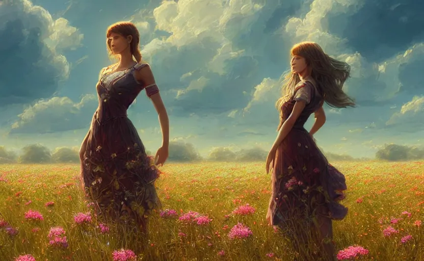 Image similar to detailed intricate digital illustration by greg rutkowski and artgerm and wlop and sanford robinson gifford ; girl standing in beautiful meadow with colorful flowers and puffy clouds in background ; 1 3 mm film, arri alfa anamorphic lens ; sharp focus, golden hour lighting, trending on artstation 4 k ; close view