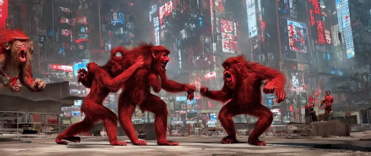 Prompt: Still from BIG MONKEY MOUNTAIN (2022) depicting the Big Monkey fighting the red beast in a massive cyberpunk brutalist lobby