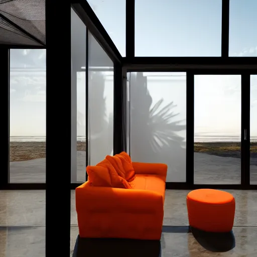 Prompt: wide angle photo inside a house made of many layers of sheer fabric. Translucent deep orange mesh fabric hangs over glass walls. The wind is blowing. The space glows with bright natural light. Coronarender, vray.