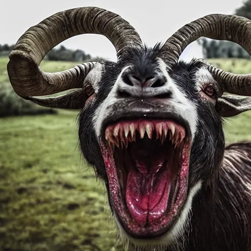 Image similar to horror, highly detailed photography, desaturated, mutated goat with huge mouth open to reveal filthy crocodile - like teeth, matted fur, in muddy medieval village, howling, screeching