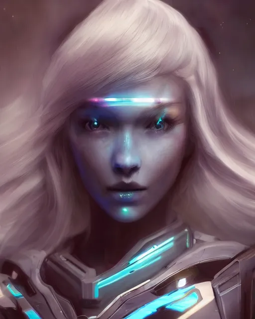 Image similar to perfect android girl on a mothership, warframe armor, beautiful face, scifi, futuristic, galaxy, nebula, raytracing, dreamy, long white hair, blue cyborg eyes, sharp focus, cinematic lighting, highly detailed, artstation, divine, by gauthier leblanc, kazuya takahashi, huifeng huang