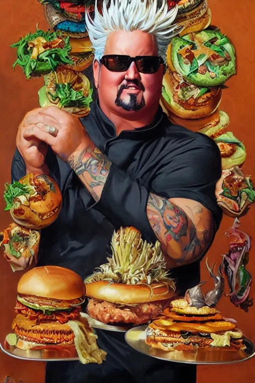 Prompt: centered beautiful detailed front view portrait of guy fieri with ornate burgers growing around, ornamentation, burgers, elegant, beautifully soft lit, by'phil hale '!!'leyendecker '!!! wayne barlowe, peter mohrbacher, kelly mckernan,