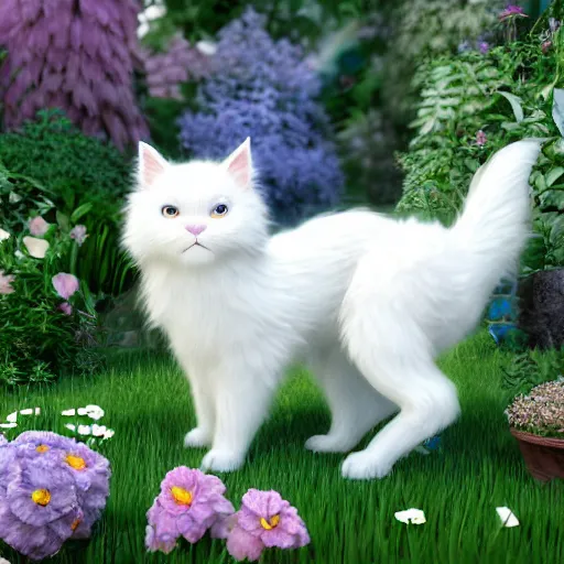 Image similar to hyperrealistic image of fun, fluffy white cat with blue and green eyes, in a fairy garden, stunning 3 d render inspired art by greg rutkowski and xiang duan, pixar and disney, perfect facial symmetry, realistic, highly detailed attributes and atmosphere, dim volumetric cinematic lighting, 8 k octane detailed render, post - processing, masterpiece