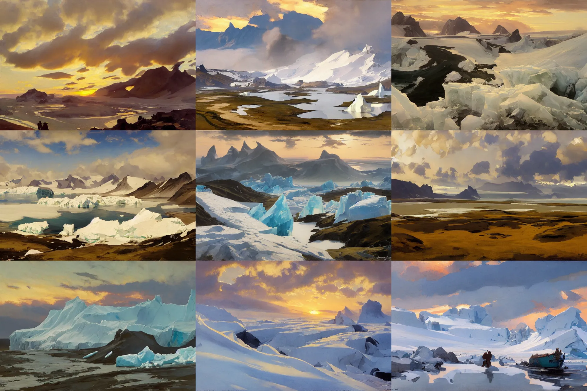 Prompt: painting by sargent leyendecker and gurney, rhads, vasnetsov, savrasov levitan polenov, middle ages, sunset sinrise, above the layered low clouds travel path road to sea bay view photo of greenland and iceland glacier and icebergs overcast sharpen details