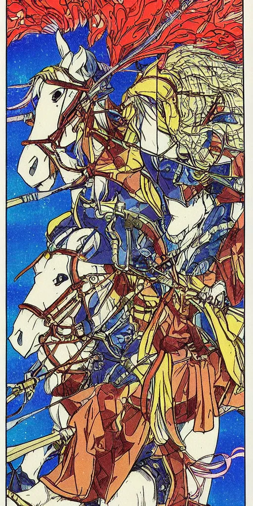 Prompt: a chariot drawn by horse in japan, 1990s anime, full color, tarot card the chariot,