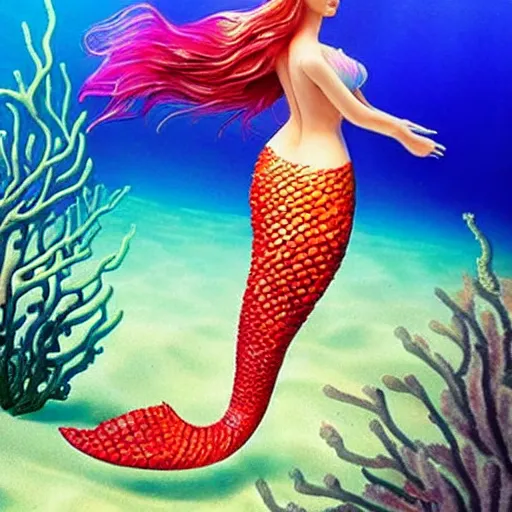 Image similar to a beautiful mermaid underwater, brightly coloured fish, coral and seaweed, hyper - realistic, mystic, detailed