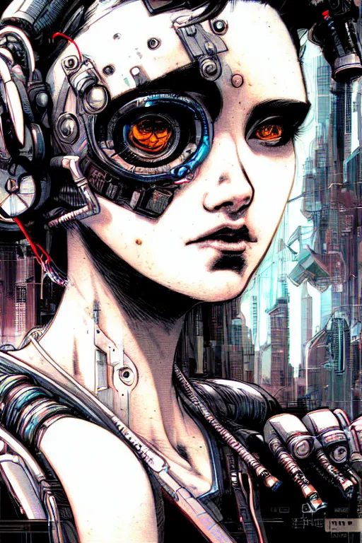 Image similar to a close - up portrait of a cyberpunk cyborg girl, by kim jung gi, rule of thirds