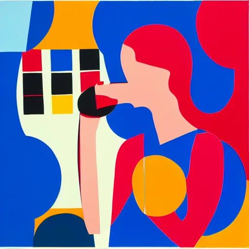 Image similar to A painting of person talking on the phone, abstract painting in the style of Sophie Taeuber-Arp and Gary Hume and Tatsuro Kiuchi, flat colour-block style, geometric abstraction, deep colours