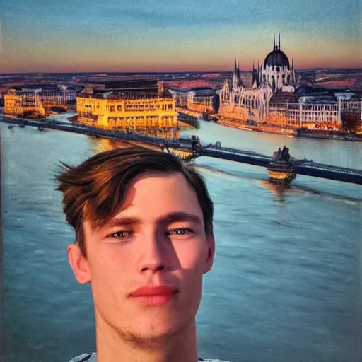 Image similar to artist yeat, noah olivier smith taking a selfie at budapest. realistic