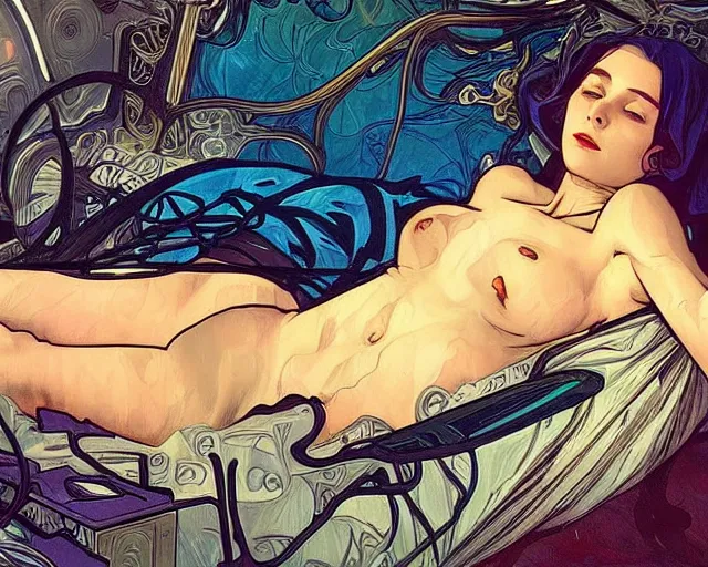 Prompt: cyberpunk woman lying down in a sleeping chamber, realistic illustration, sharp shapes, blue glow, alphonso mucha, mysterious lighting, masterpiece