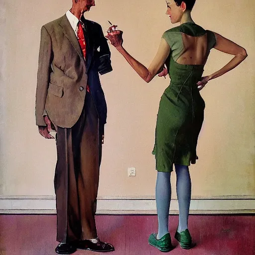 Image similar to a thin man understands by the way his wife is standing that she has issues, painted by norman rockwell and tom lovell and frank schoonover