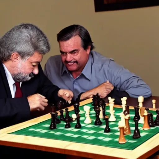 Image similar to photo of luis inacio lula da silva and jair messias bolsonaro playng chess, detailed 4 k