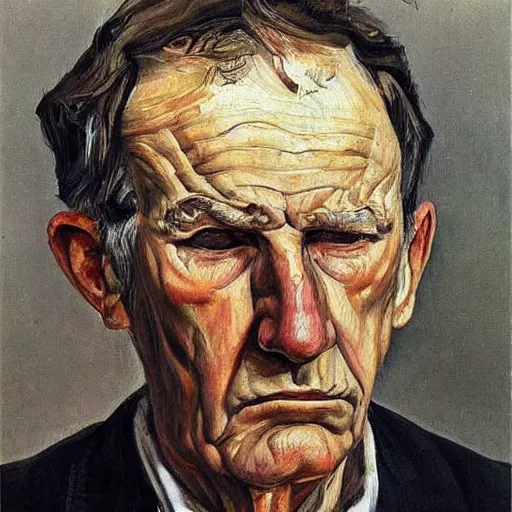 Image similar to Oil painting Portrait of a sad Man, by Lucian Freud, Abstract brush strokes, Masterpiece