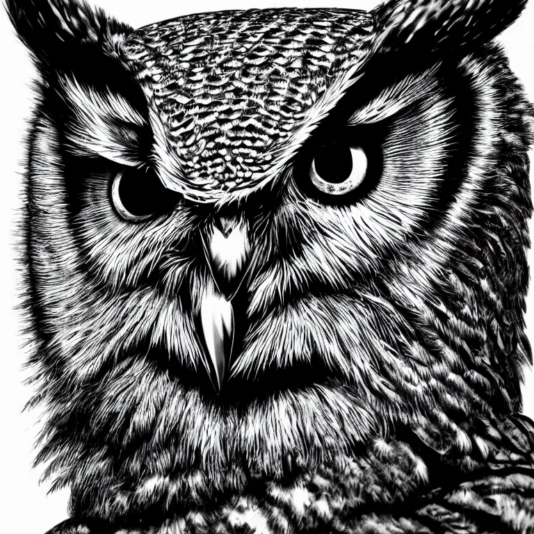 Image similar to hyperrealist highly detailed cinematic lighting studio portrait of a great horned owl, high contrast wood engraving, kentaro miura and junji ito manga style, shocking detail trending on artstation 8 k