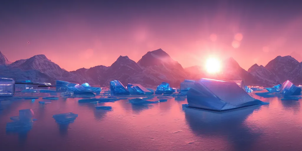 Image similar to futuristic reflective ice city, sunset glowing off a mountain in background, busy waves, ray tracing, refractive, planet in the sky, award winning, trending on artstation, digital art. highly detailed 8 k. intricate. lifelike. soft light. nikon d 8 5 0.