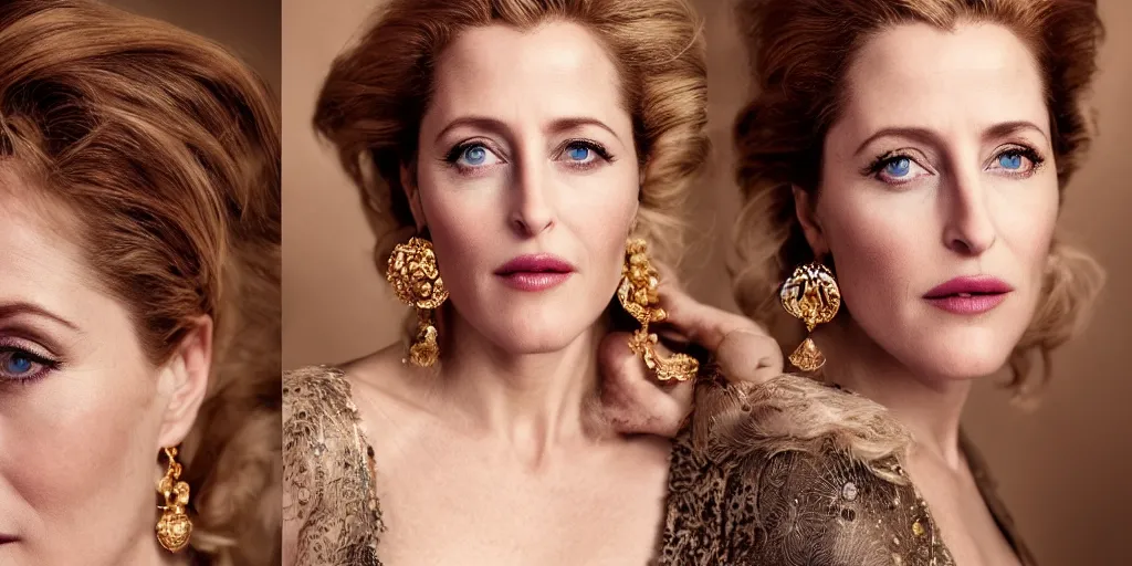 Prompt: gorgeously dreamlike beautiful face Gillian Anderson, hair updo, balayage, natural make-up, luxurious ornate golden jewelry, earrings, low cut dress, dynamic lighting, award winning photo shoot, intricately detailed, glimmering, shining, photo realistic, cinematic, volumetric lighting, fashion portrait, 8K UHD